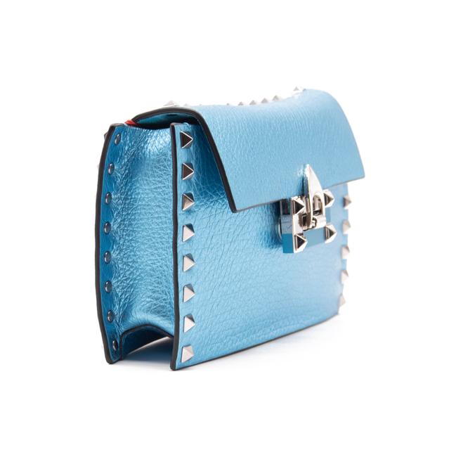 NEW Valentino Small Rockstud Metallic Blue Leather Shoulder Bag